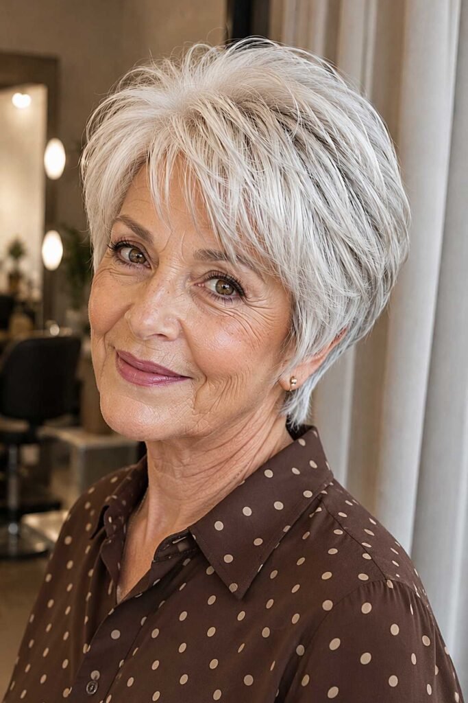 2. Soft Rounded Feathered Pixie with Wispy Bangs
