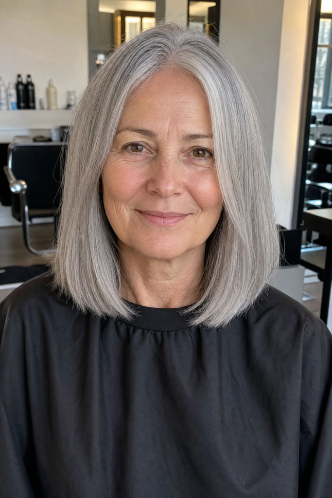 2. Straight Silver Lob with Center Part