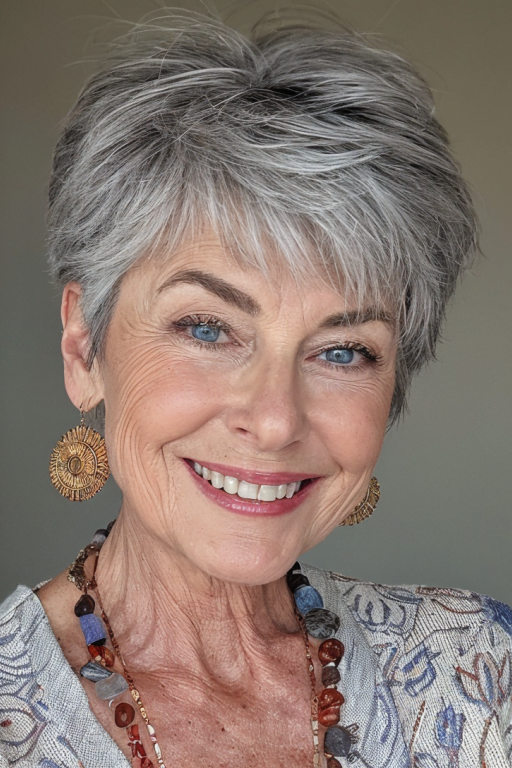 2. Tapered Silver Pixie Cut with Side-Swept Bangs