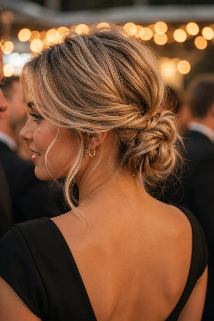 2. Textured Low Bun with Loose Face-Framing Strands
