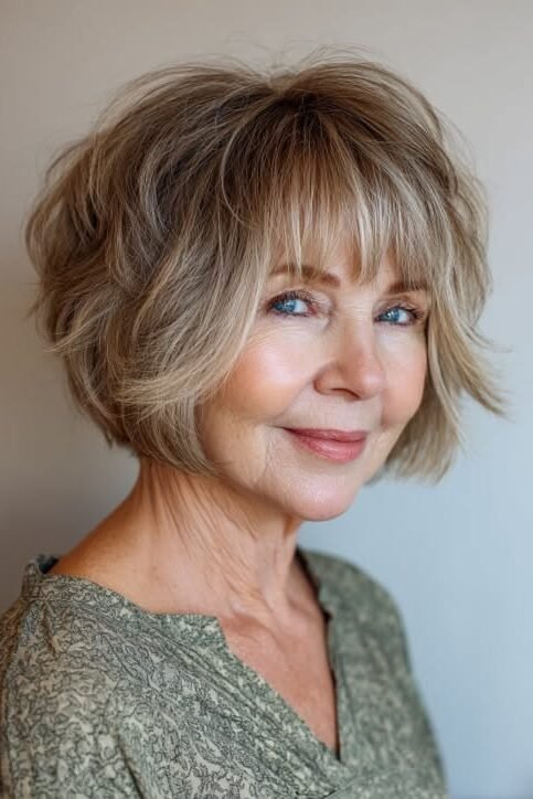 2. Voluminous Honey Blonde Bob with Piecey Layers and Bangs