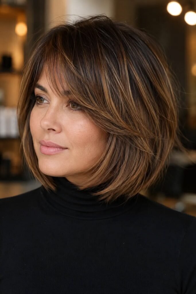 2. Voluminous Honey Brunette Layered Bob with Curtain Bangs