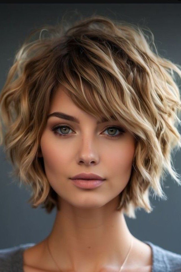 2. Voluminous Wavy Bob with Side-Swept Bangs