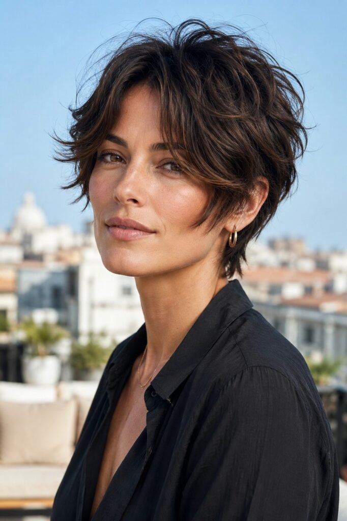 2. Voluminous Wavy Dark Brown Pixie-Bob with Curtain Fringe