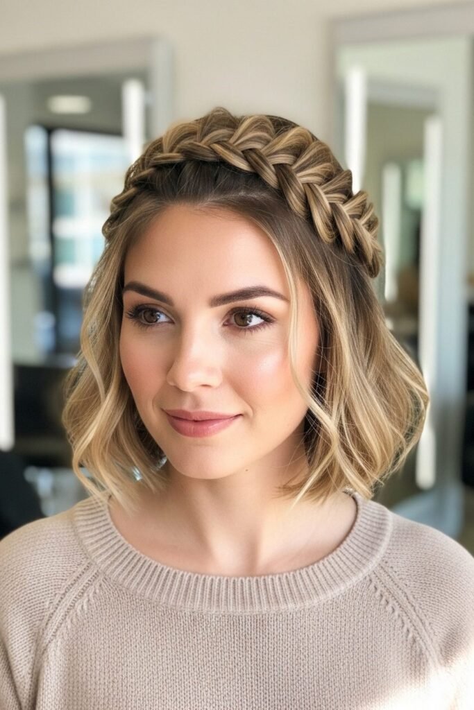 2. Wavy Blonde Bob with Crown Dutch Braid