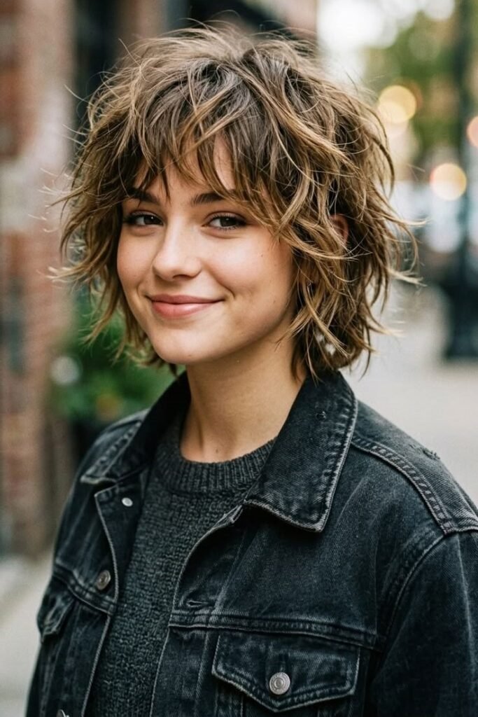 2. Wavy Golden-Brown Shaggy Bob with Fringe