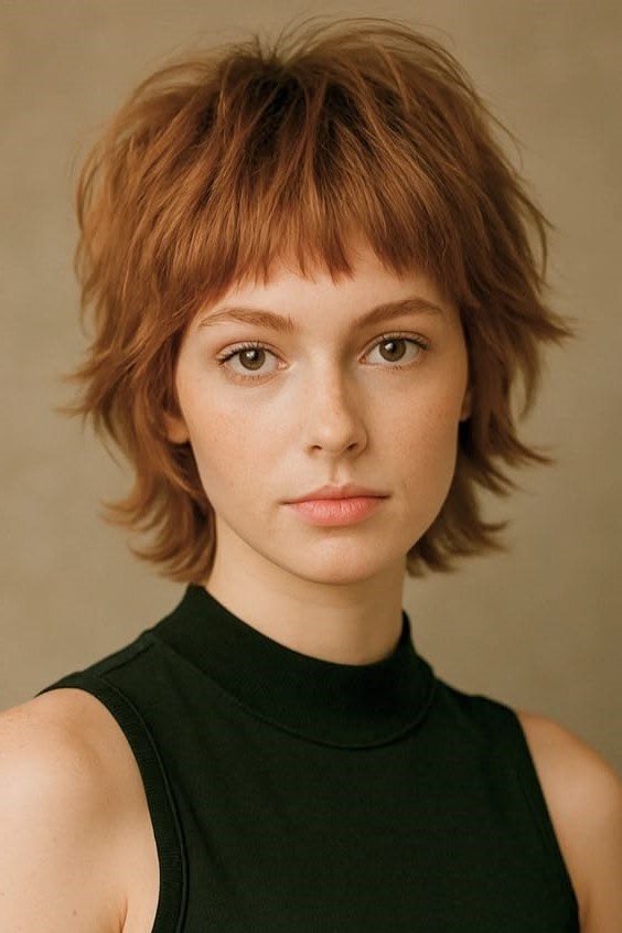 20. Auburn Shaggy Mullet with Blunt Micro Fringe