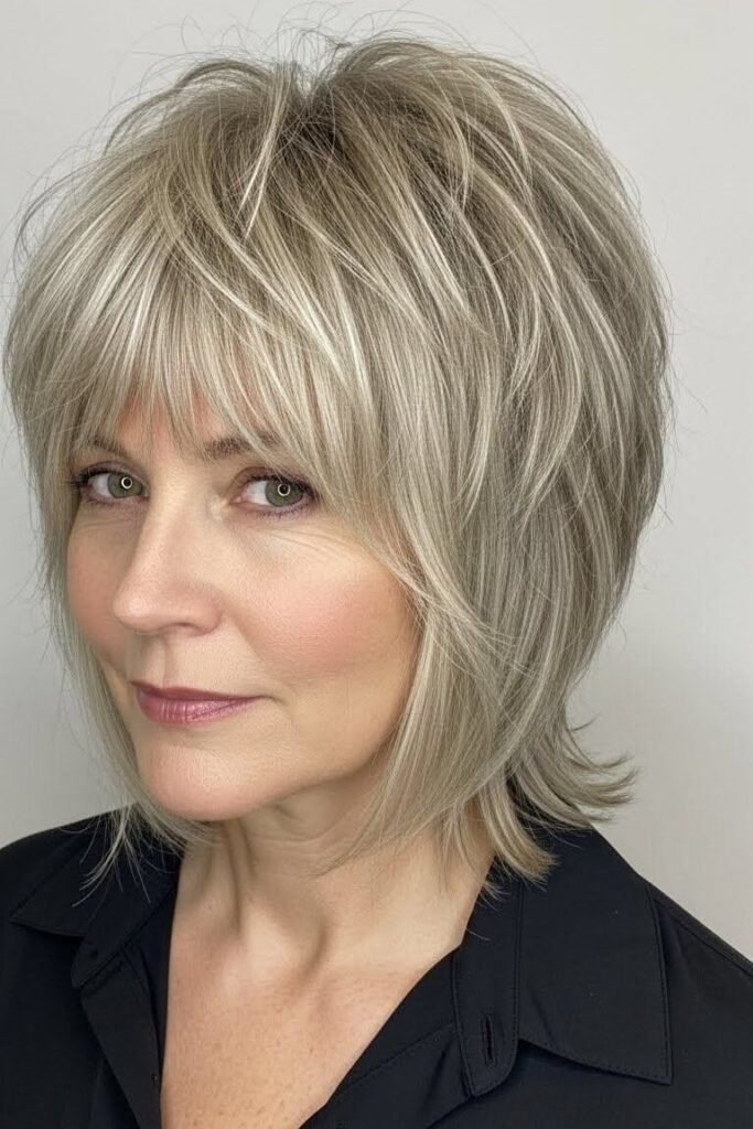 20. Layered Ash Blonde Lob with Curtain Bangs and Flicked Ends