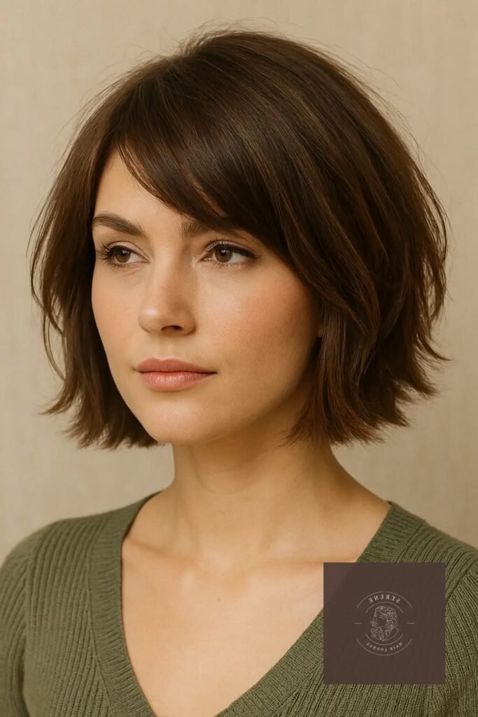 20. Layered Chestnut Brown Bob with Side-Swept Bangs and Feathery Ends
