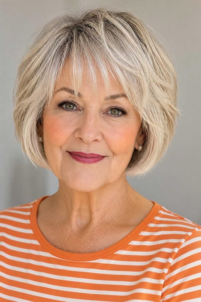 20. Layered Platinum Blonde Bob with Wispy Bangs