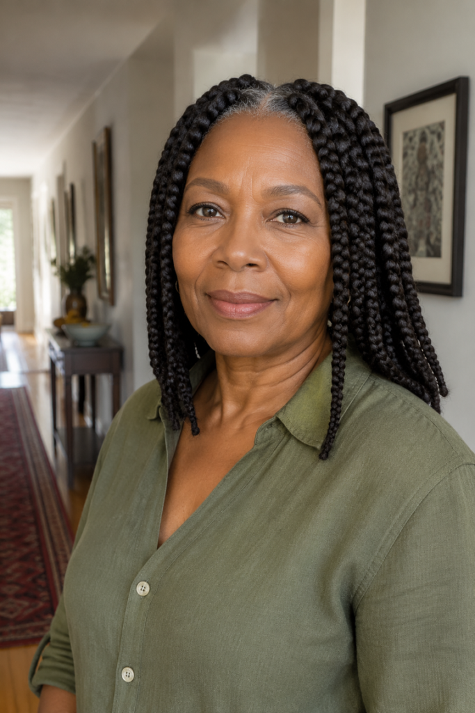 20. Long Salt-and-Pepper Box Braids with Center Part