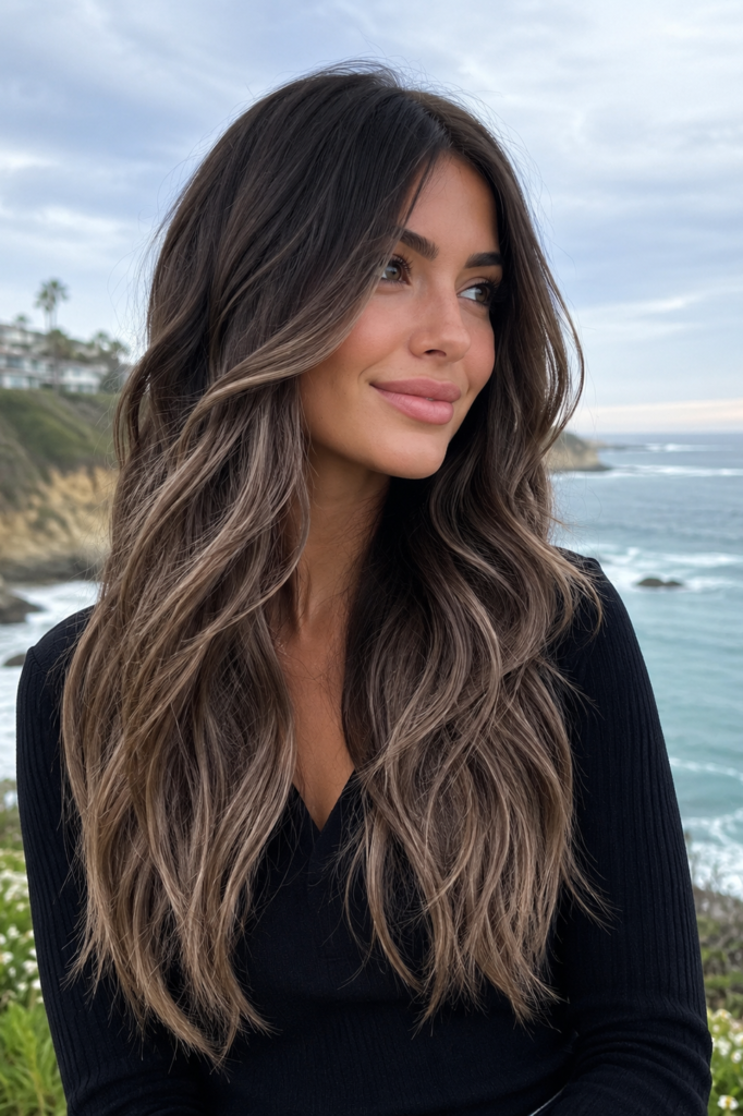 20. Long Wavy Dark Brunette with Soft Caramel-Ash Tone-on-Tone Balayage Coastal Style