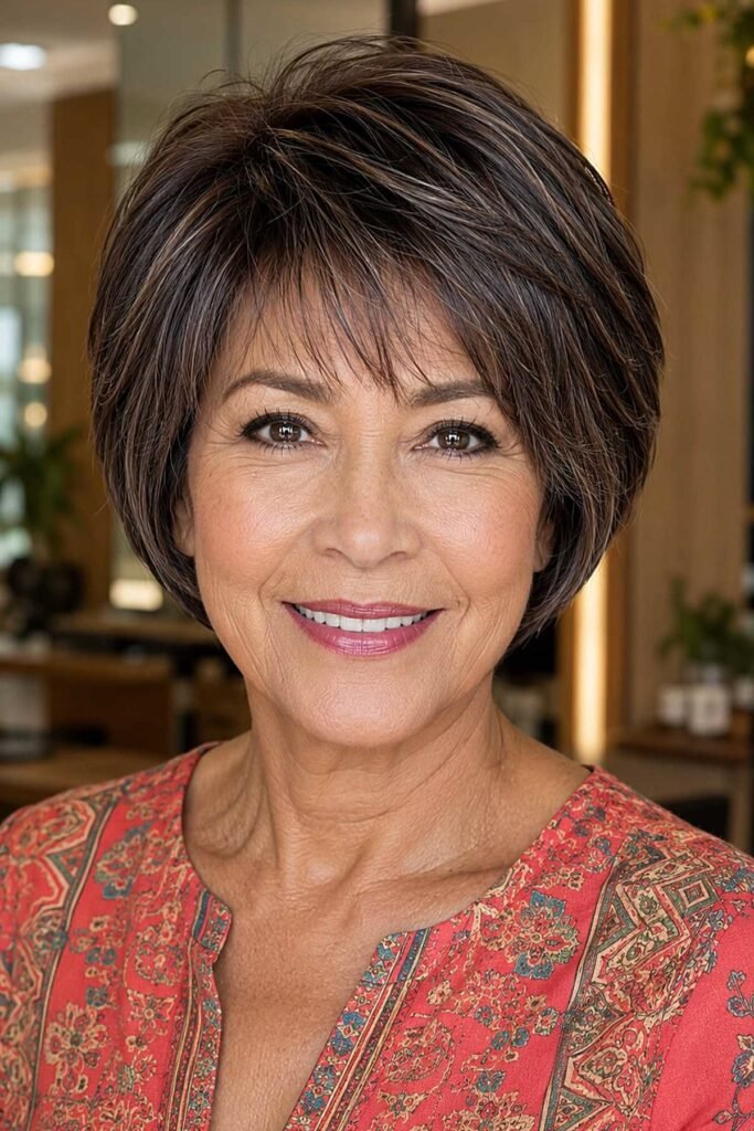 20. Rounded Brunette Bob with Fine Wispy Bangs