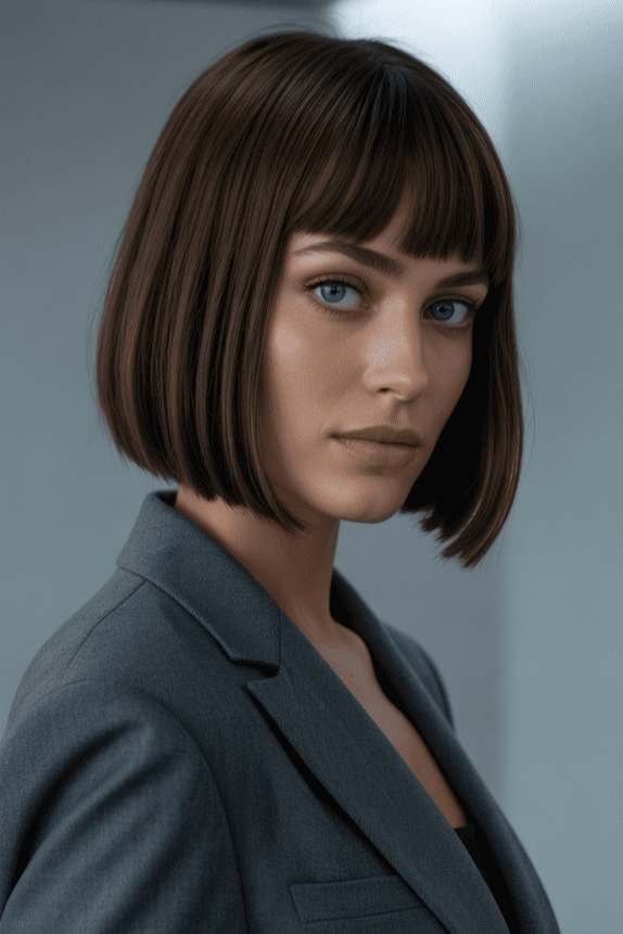 20. Sleek Espresso Dark Bob with Straight Blunt Fringe