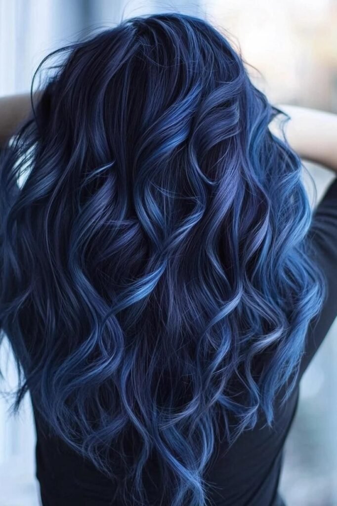 20. (Sleek High Ponytail in Dark Brown Hair with Blue Balayage Tips)