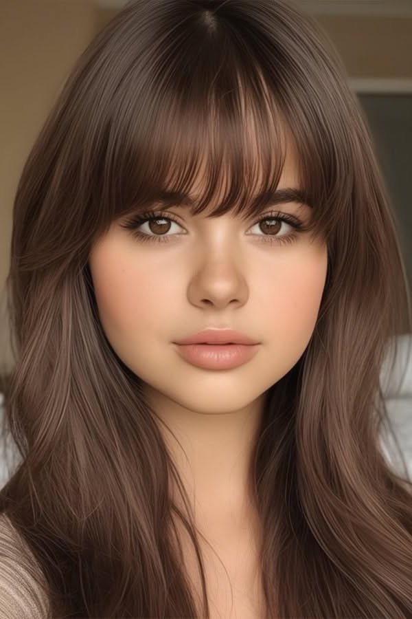 20. Soft Ash Brown Long Hair with Light Eye-Grazing Bangs