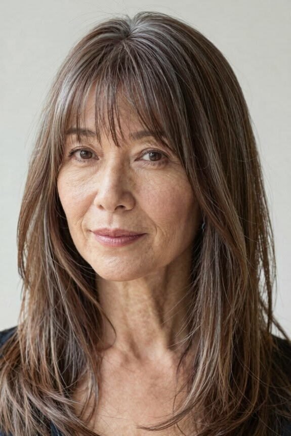 20. Straight Salt-and-Pepper Long Layers with Light Wispy Fringe