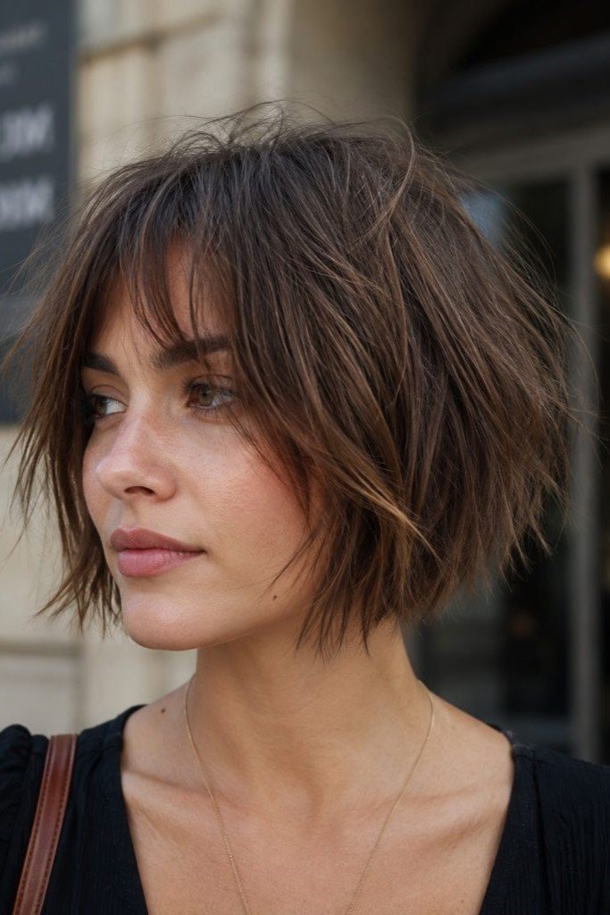 20. Textured Choppy French Bob with Messy Layers and Fringe