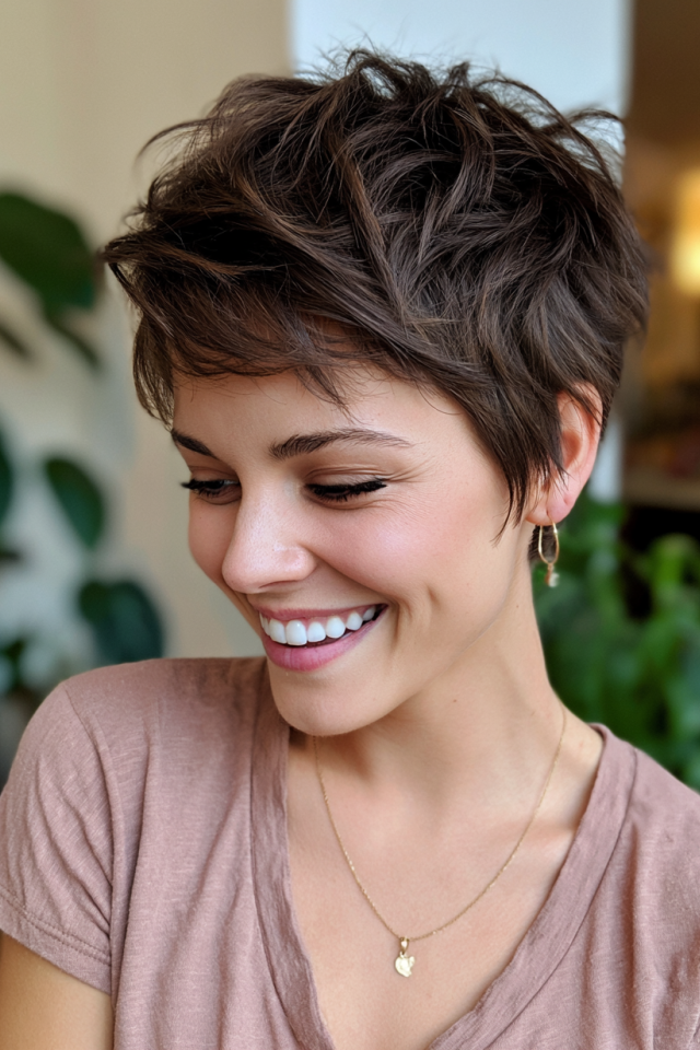 20. Tousled Dark Brown Pixie with Layered Crown and Soft Side Pieces