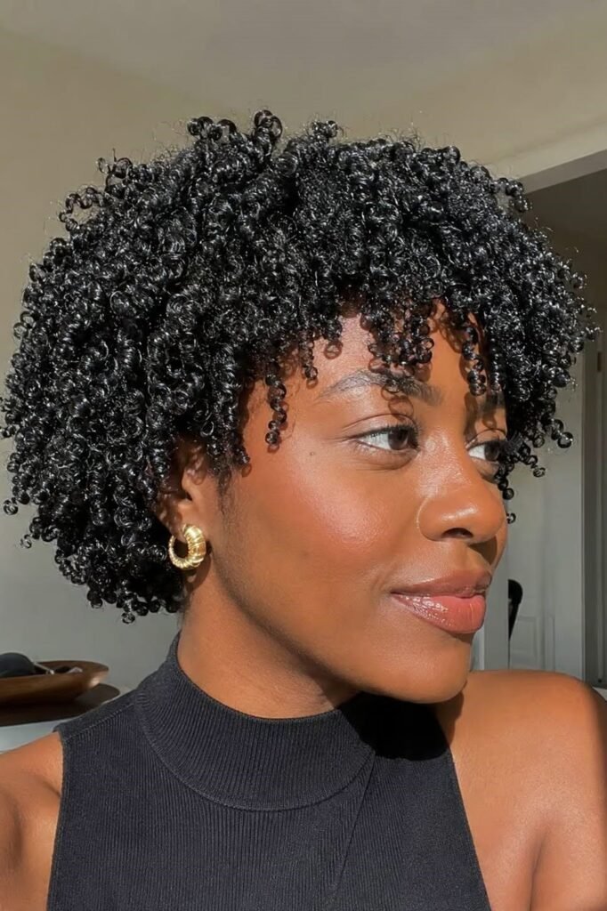 20. Voluminous Coily Black Shaggy Pixie Bob with Curly Bangs