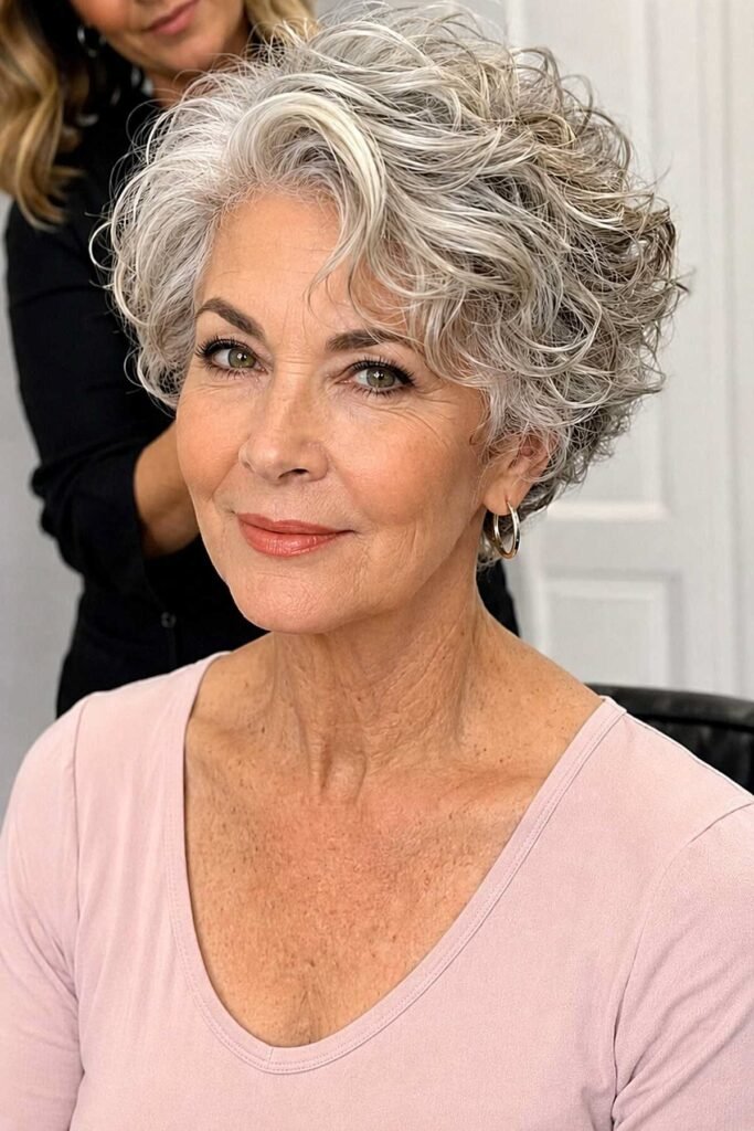 20. Voluminous Curly Silver Pixie Cut with Soft Layers