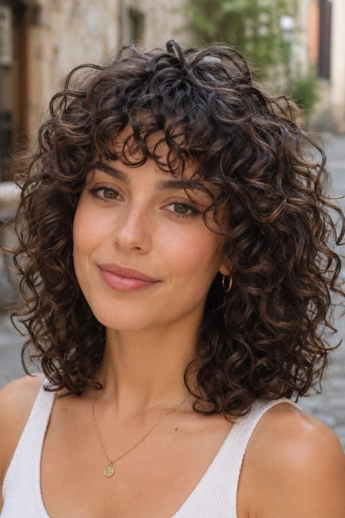 20. Voluminous Dark Brown Curly Shag with Ringlet Fringe Bangs