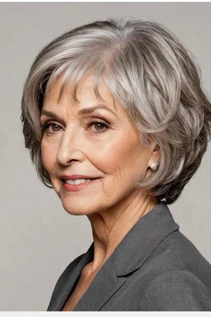 20. Voluminous Layered Grey Bob with Curtain Fringe