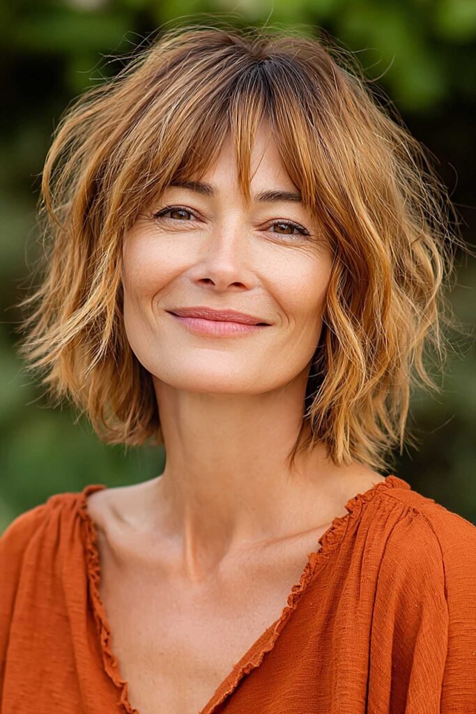 20. Warm Caramel Blonde Textured Shag Bob with Curtain Bangs