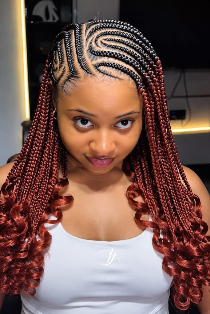 3. Auburn Fulani Braids with Curved Stitch Pattern and Curly Ends