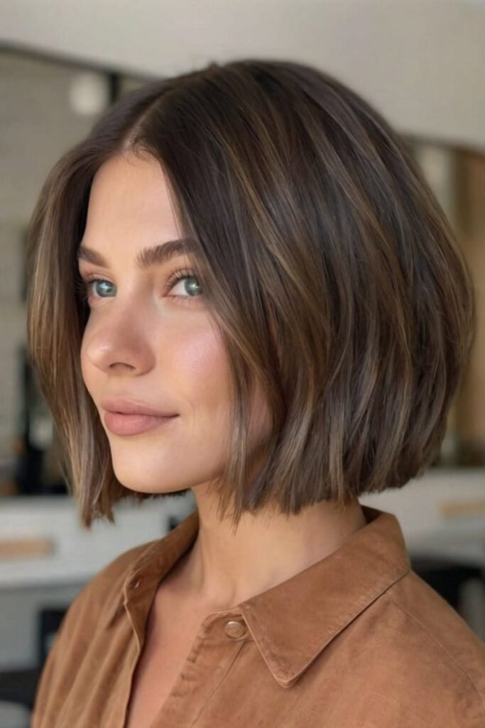 3. Blunt Dark Brown Bob with Center Part and Subtle Highlights