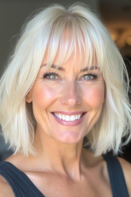 3. Bright Platinum Blonde Shag Bob with Soft Fringe Bangs