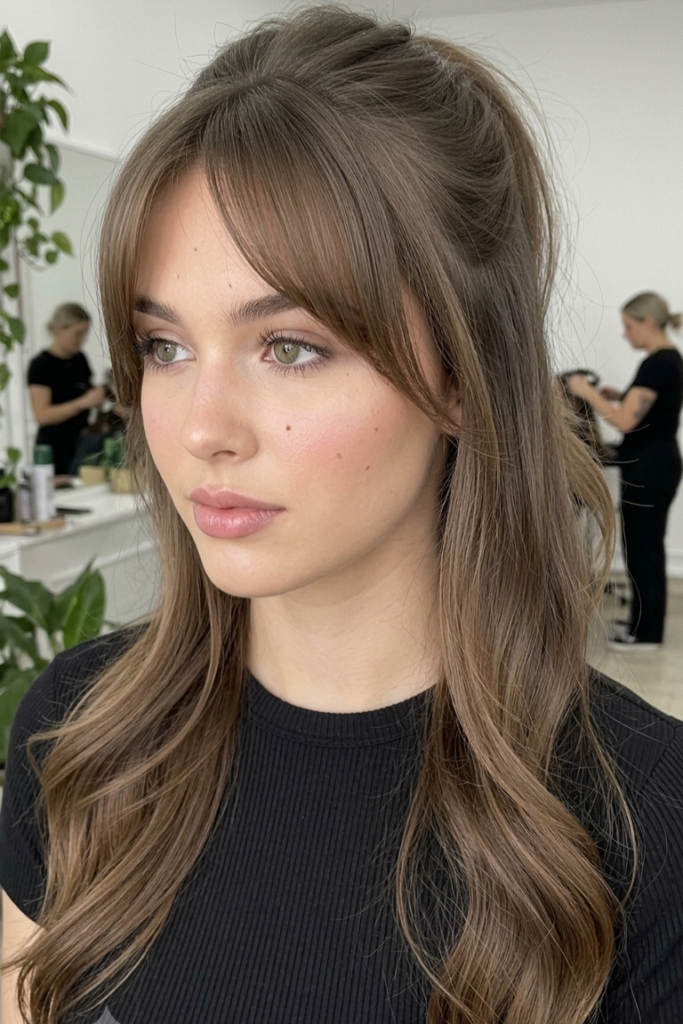 3. Half-Up Haircut with Soft Curtain Bangs and Waves