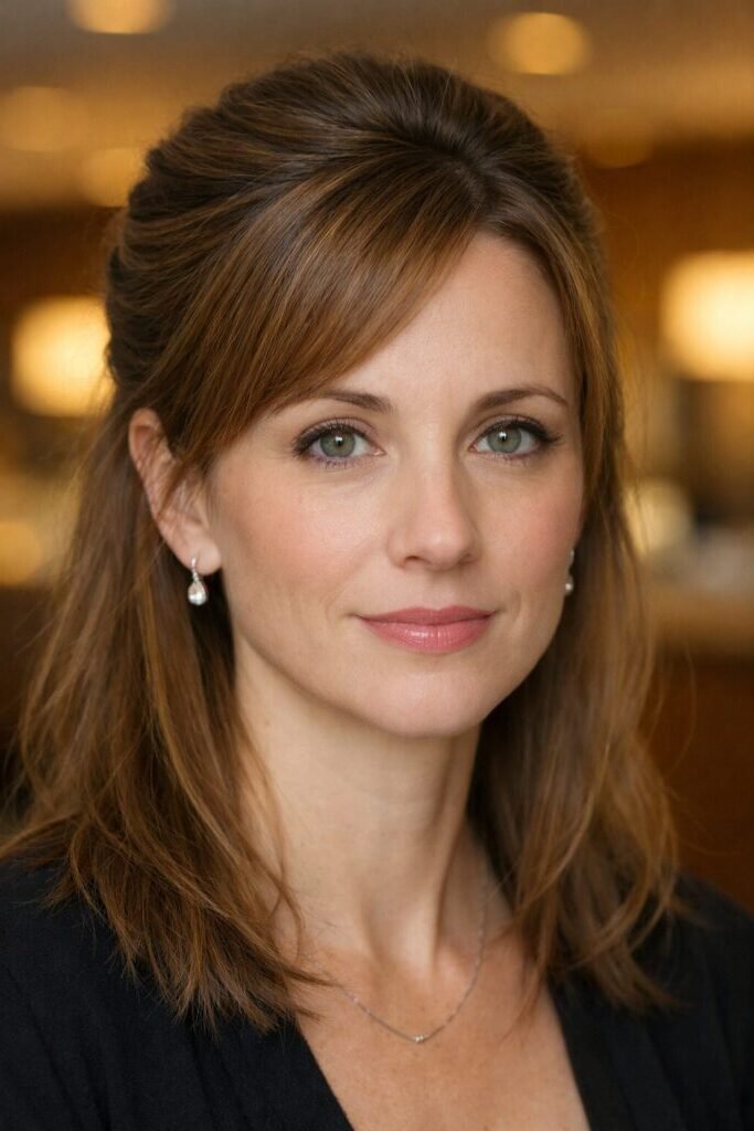 3. Half-Up Half-Down Style with Side-Swept Bangs