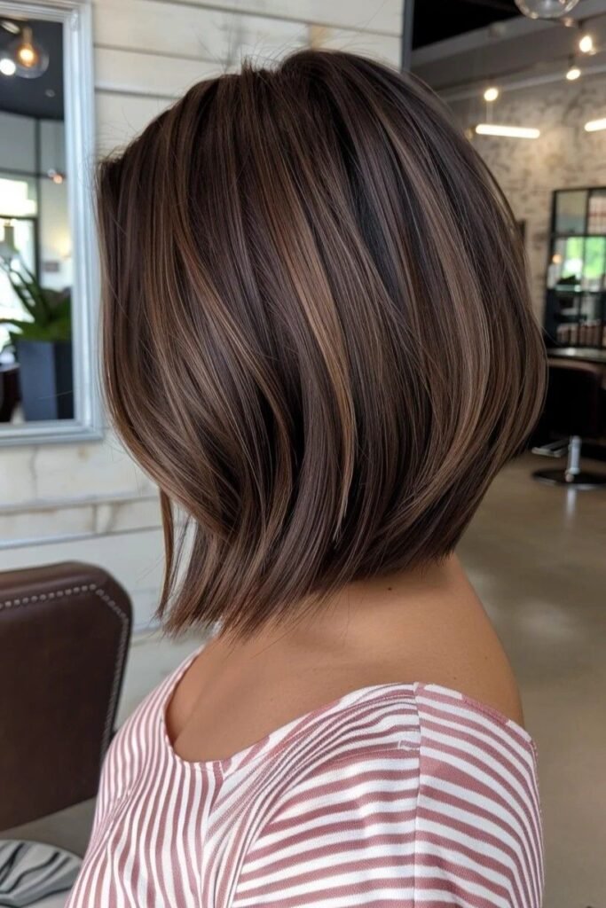 3. Inverted Dark Chocolate Bob with Subtle Caramel Weaving