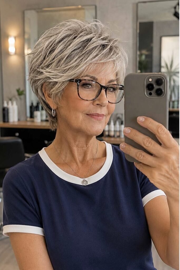 3. Layered Ash Silver Pixie Bob with Side Bangs and Volume