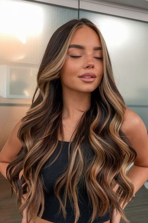 3. Long Wavy Brunette Hair with Warm Honey Balayage and Money Piece