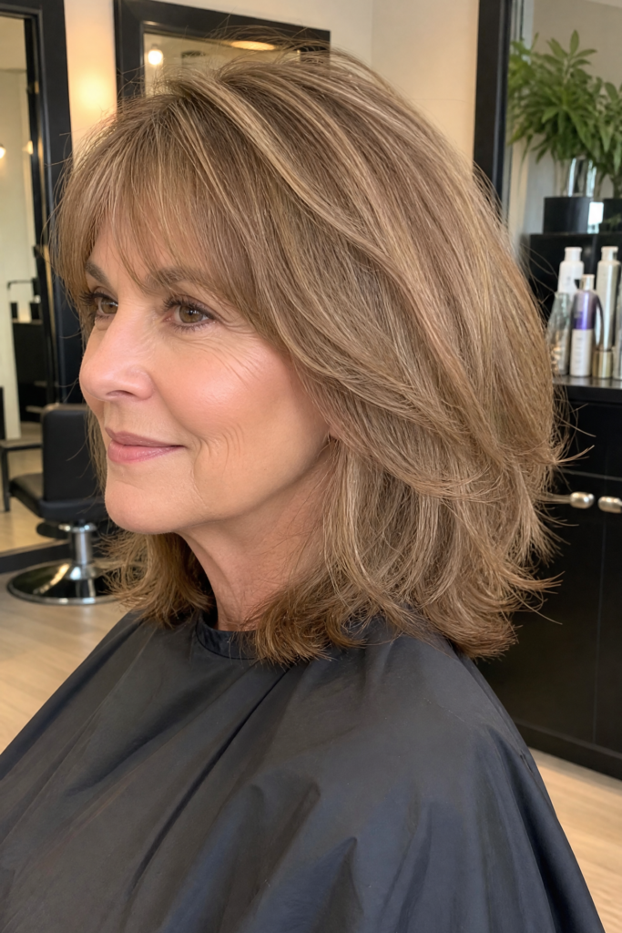 3. Medium-Length Light Chestnut Layered Cut with Soft Side-Swept Bangs