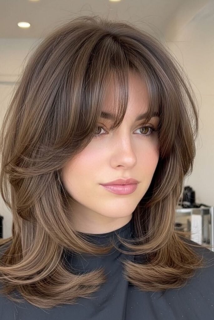 3. Medium-Length Voluminous Layered Cut with Curtain Bangs