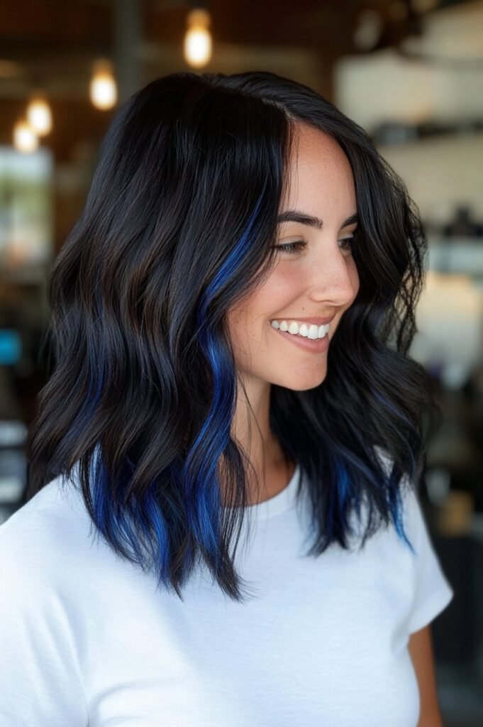 3. (Medium Wavy Brunette Bob with Bangs and Electric Blue Balayage)