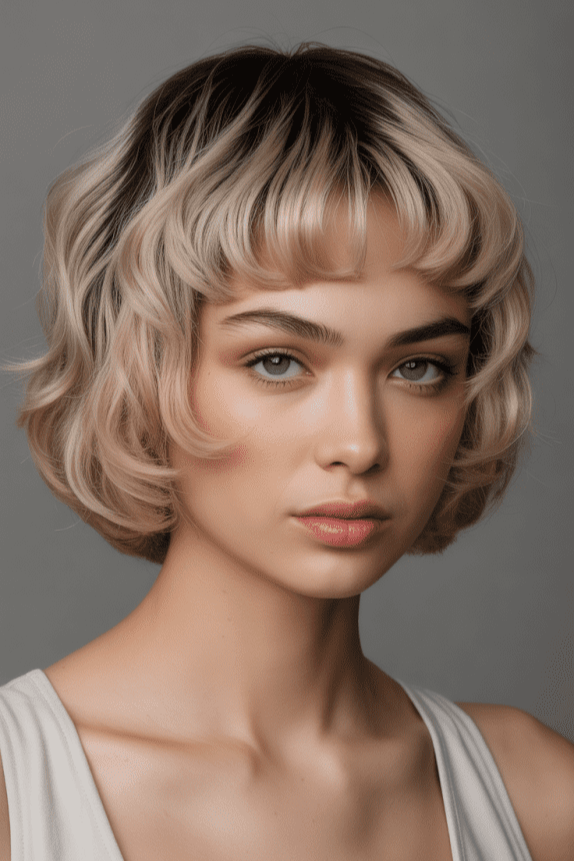 3. Platinum Blonde Curly Crop Bob with Rounded Curtain Bangs