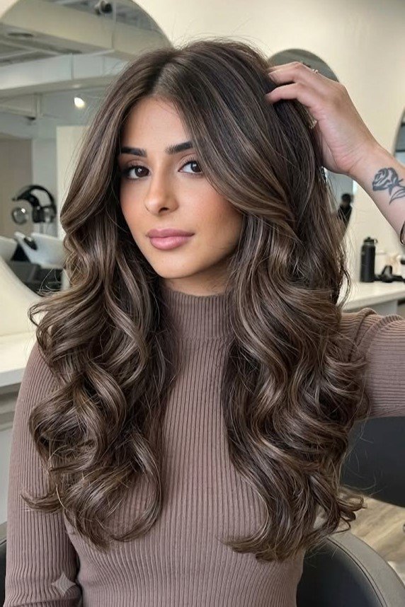 3. Rich Chocolate Brunette Hair with Subtle Mushroom Brown Tone-on-Tone Balayage Curls