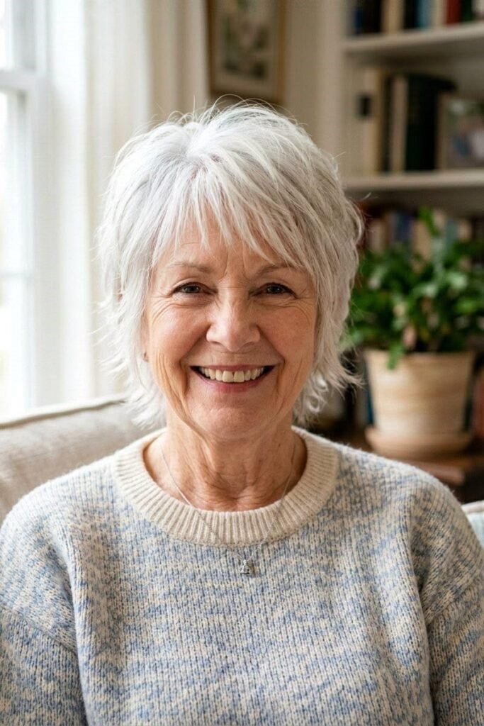 3. Shaggy Silver Pixie with Layered Fringe