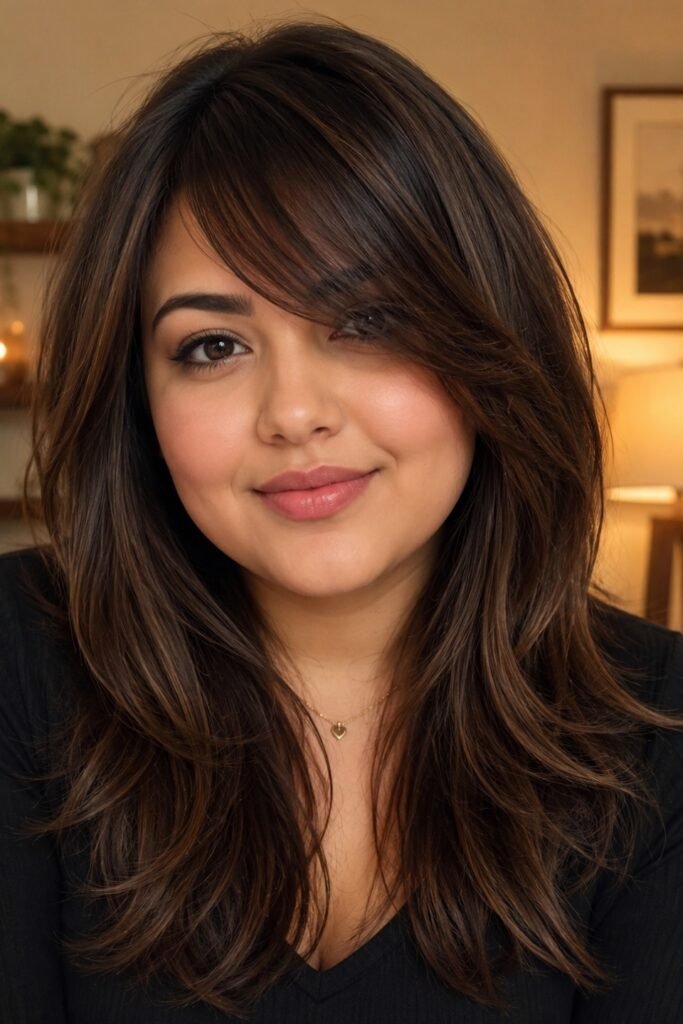 3. Side-Swept Bangs with Long Layered Hair