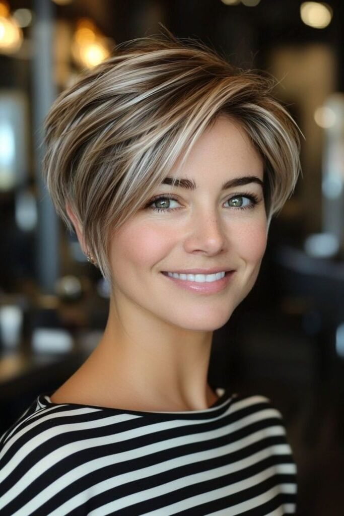 3. Side-Swept Layered Blonde Pixie Bob with Highlights