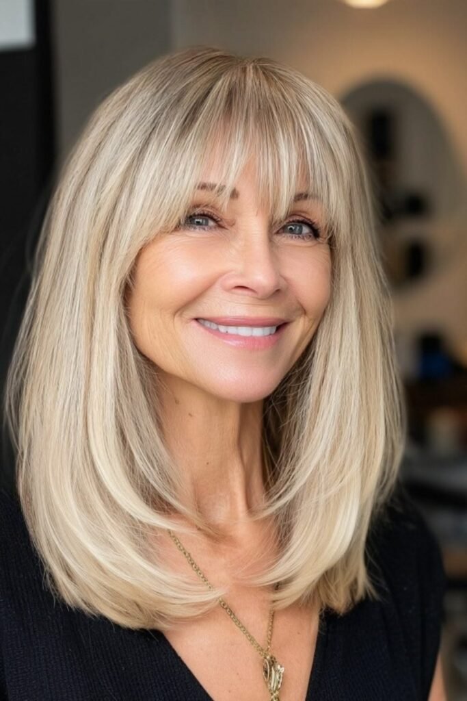 3. Sleek Platinum Blonde Collarbone Cut with Full Eyebrow-Grazing Bangs