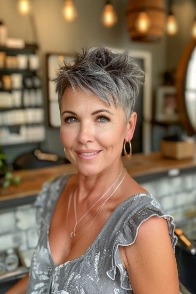 3. Tapered Grey Pixie with Textured Micro Fringe
