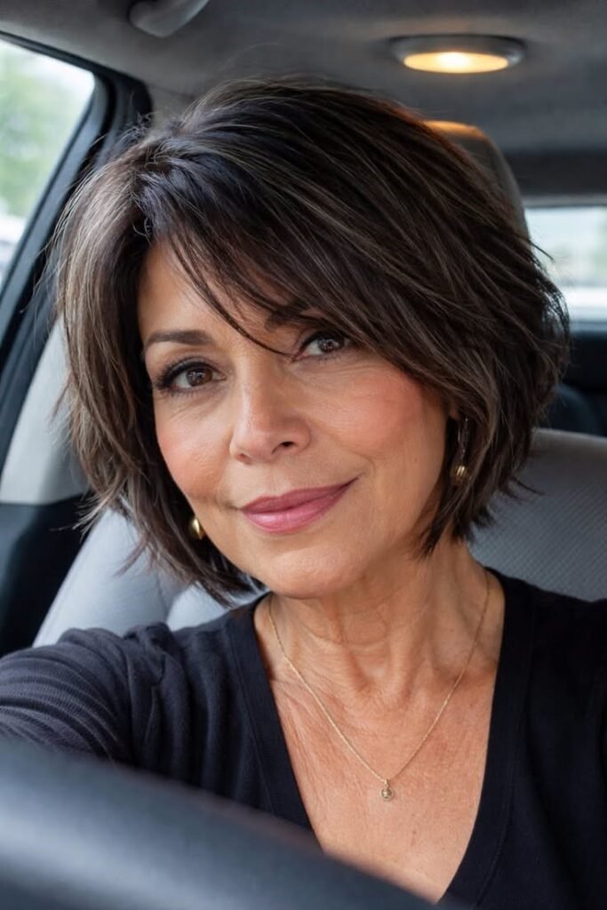 3. Textured Dark Brown Bob with Side Bangs