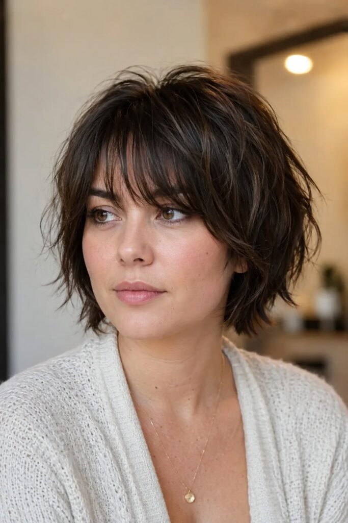 3. Textured Dark Brown French Bob with Wispy Fringe
