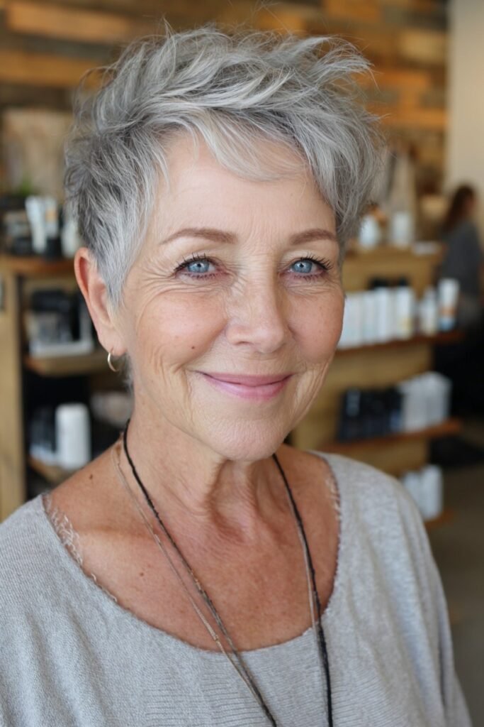 3. Textured Grey Pixie Cut with Voluminous Crown