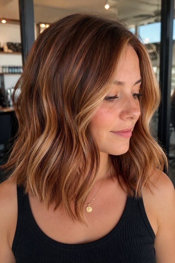 3. Textured Shoulder-Length Bob with Face-Framing Bright Copper Highlights